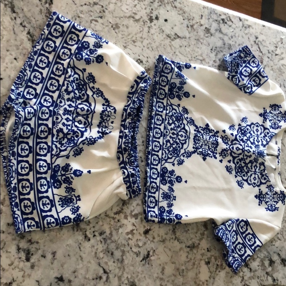 blue and white two-piece outfit